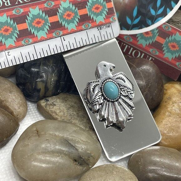 THUNDERBIRD Native American Money Clip Stainless Steel UNIQUE T-Bird Turquoise - Picture 7 of 11